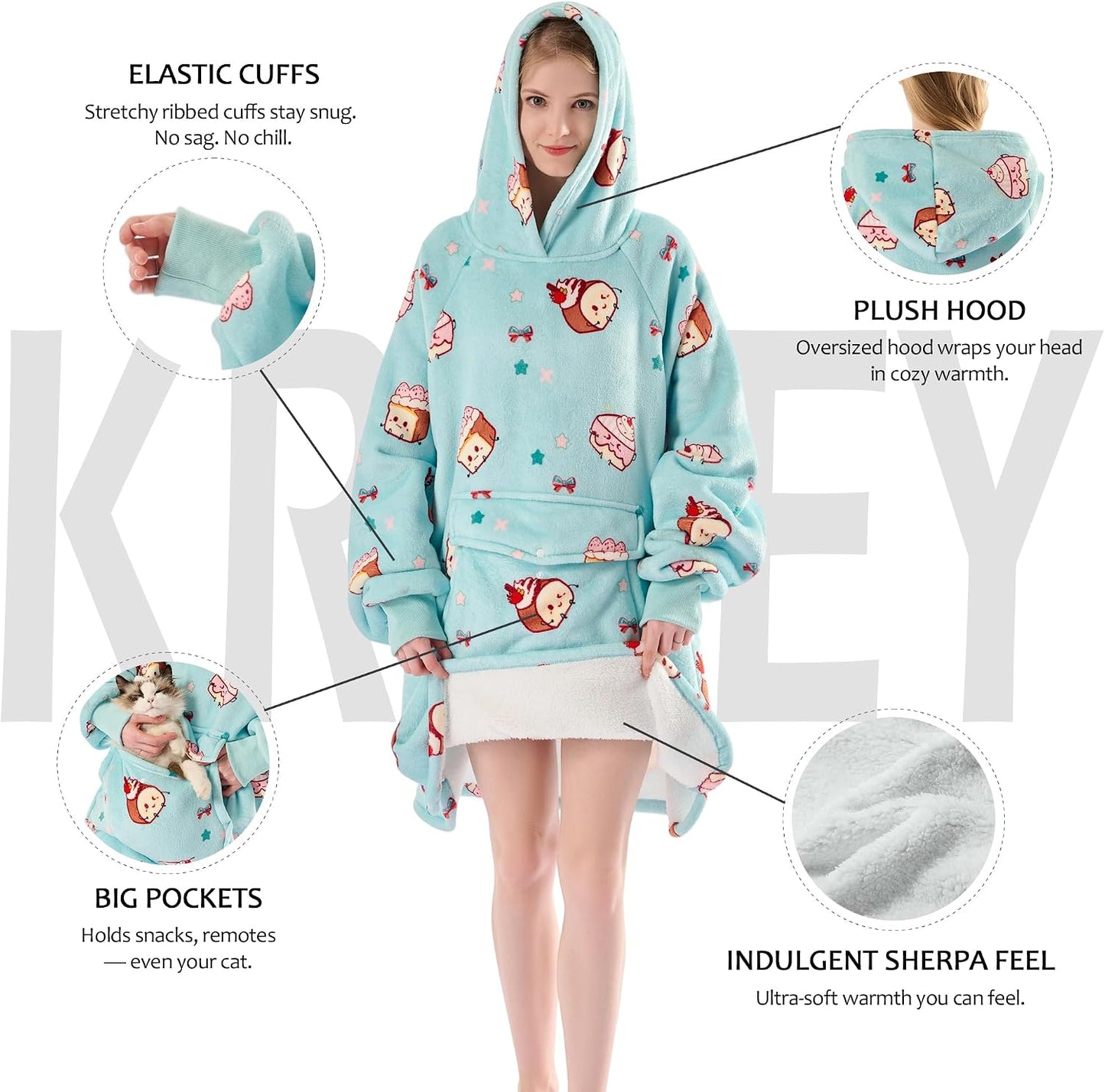Krifey Wearable Blanket Hoodie, Oversized Sherpa Hooded Blanket for Adults | Soft sherpa fleece with sleeves and pocket; oversized fit for lounging, WFH, camping, Christmas and white elephant gifts.