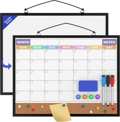 Monthly Calendar Dry Erase Board 16x12 Inch, Double-Sided Whiteboard and Corkboard Combo, Wall Mounted Planner Organizer with Markers, Magnets, Push Pins, Eraser, for Home Office School