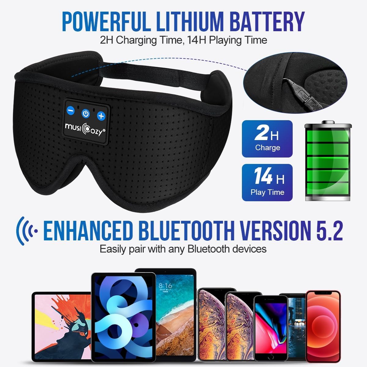 MUSICOZY Sleep Headphones Bluetooth 5.4 Headband Sleeping Eye Mask for Mom Women Men Wireless Music Earbuds Earphones for Side Sleepers Built-in HD Speakers Cool Gadgets Unique Gifts