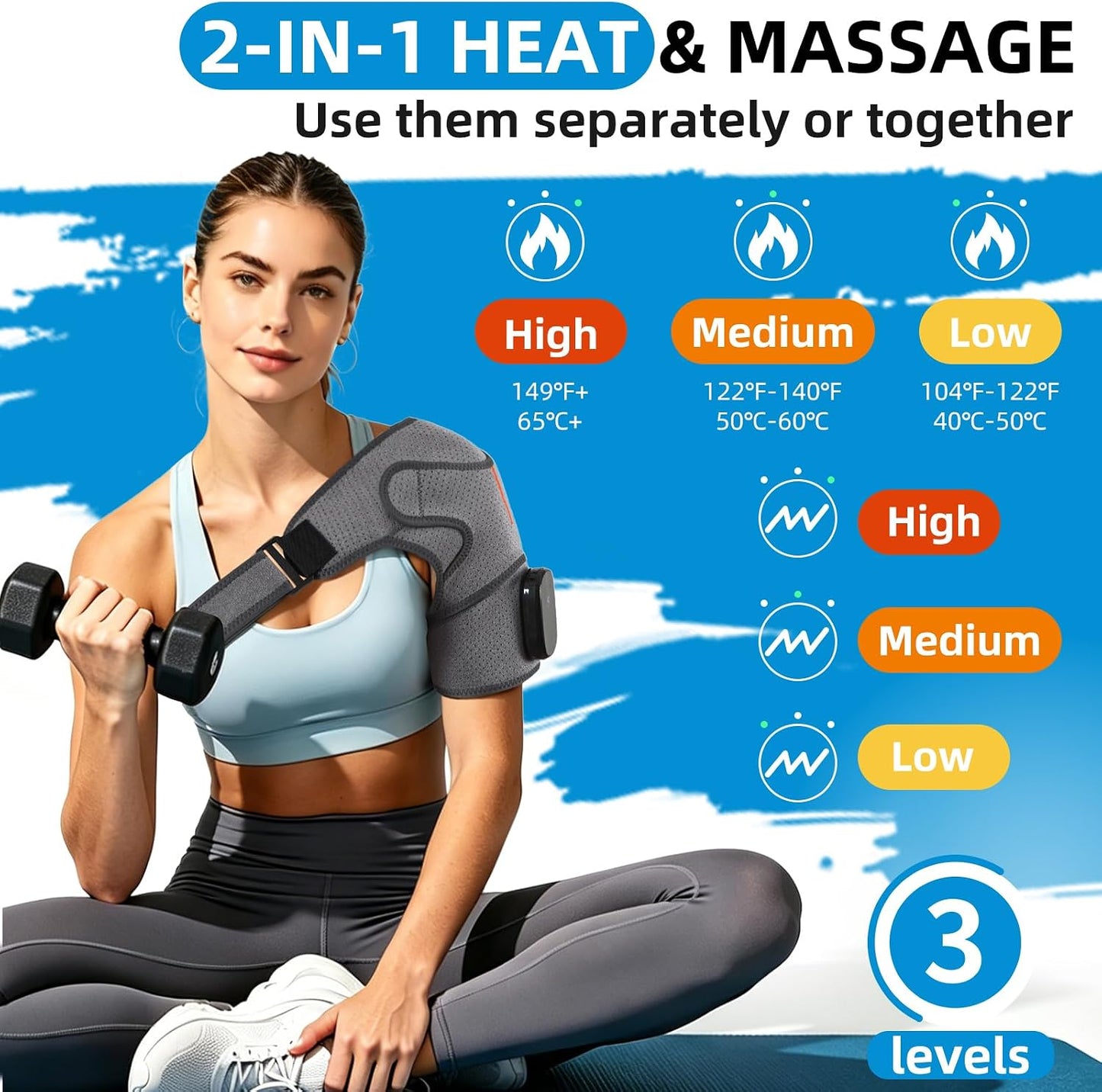 Cordless Shoulder Heating Pad with Massager, 5000mAh Rechargeable Heated Shoulder Wrap with 3 Timer,3 Vibration,3 Heat, Shoulder Brace for Rotator Cuff Pain Relief & Deep Tissue Comfort, Men & Women