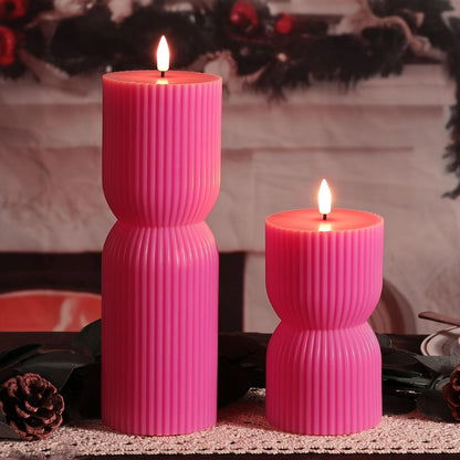 White Ribbed Flameless Pillar Candles with Remote, Real Wax Flickering Battery LED Candles Set of 2