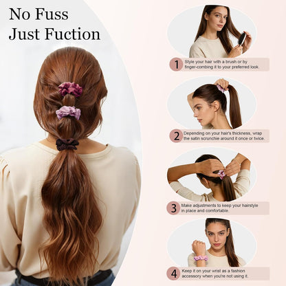 Satin Scrunchies for Women – 8PCS Blush & Brown Silk Hair Ties Set – No Crease, Frizz-Free, Gentle Elastic Hair Bands, Soft & Stylish Everyday Hair Accessories Gifts