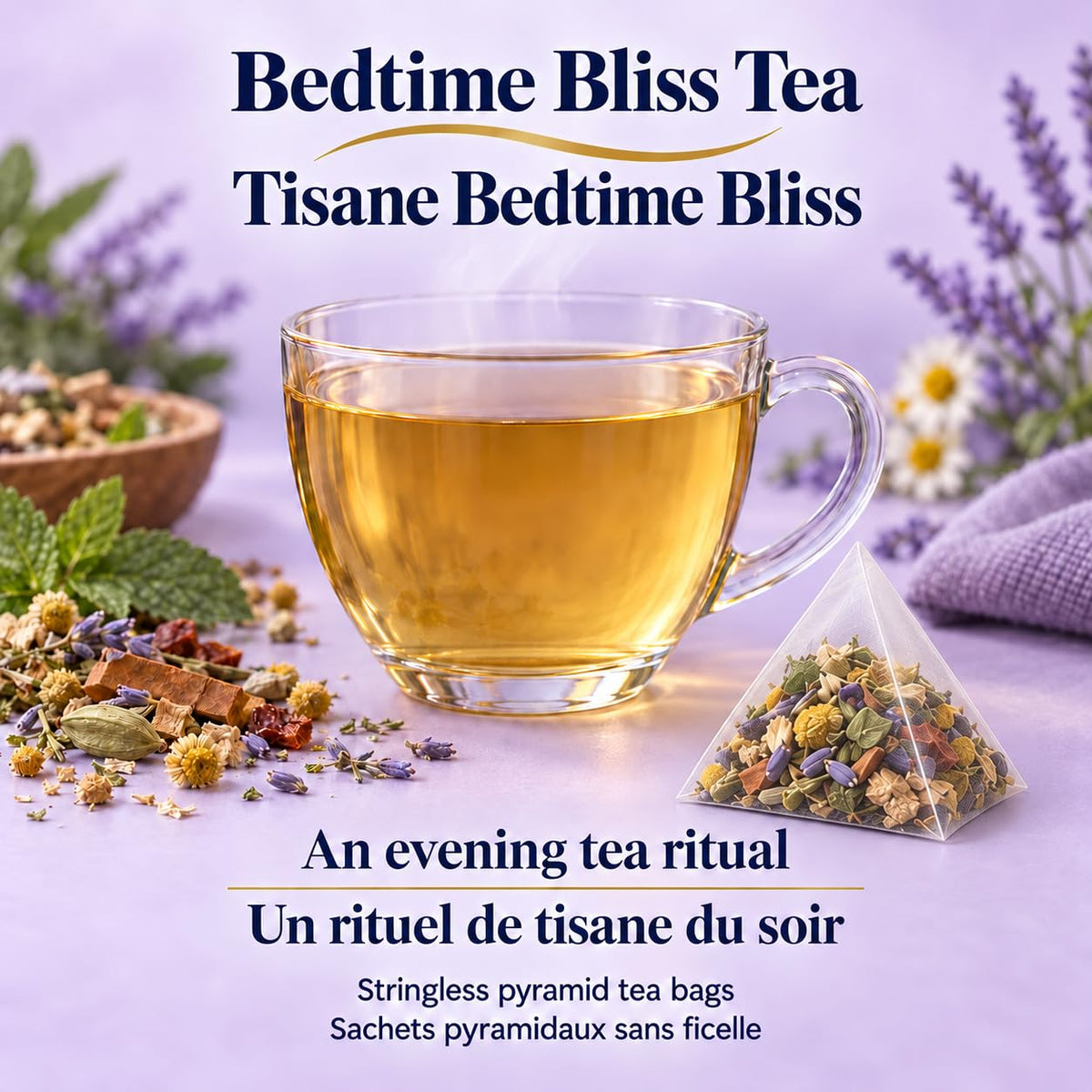 Tozzy Organic Bedtime Bliss Herbal Tea, Caffeine-Free Evening Blend, 100 Plant-Based Pyramid Tea Bags