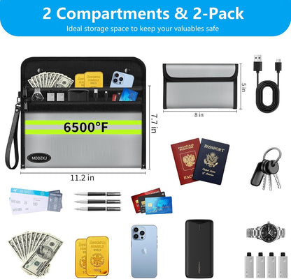 6500℉ Upgraded Fireproof Cash Bag (11.2x7.7 inch) with 2 Pockets,Small Fireproof Safe with 2 Zipper,Storage Cash,Legal Documents Safe,10 Layers of Heat Insulated Materials(2 Pack)