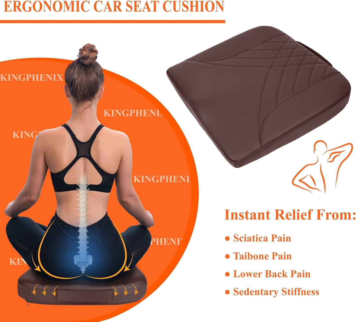 kingphenix Premium Car Seat Cushion, Memory Foam Driver Seat Cushion to Improve Driving View- Coccyx & Lower Back Pain Relief - Seat Cushion for Car, Truck, Office Chair (Leather Black)
