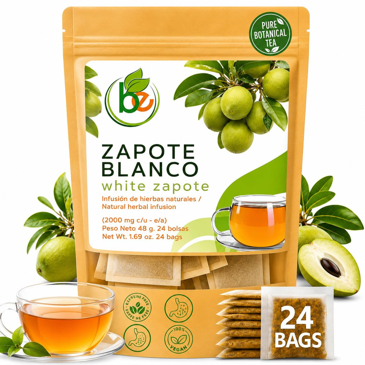 Zapote Blanco Herbal Tea (24 Tea Bags) - 2000mg per Bag - 100% Natural White Sapote Leaves from Mexico - Traditional Mexican Infusion - Caffeine-Free, Non-GMO, Vegan - Authentic Herbs by BEXPERTSUSA