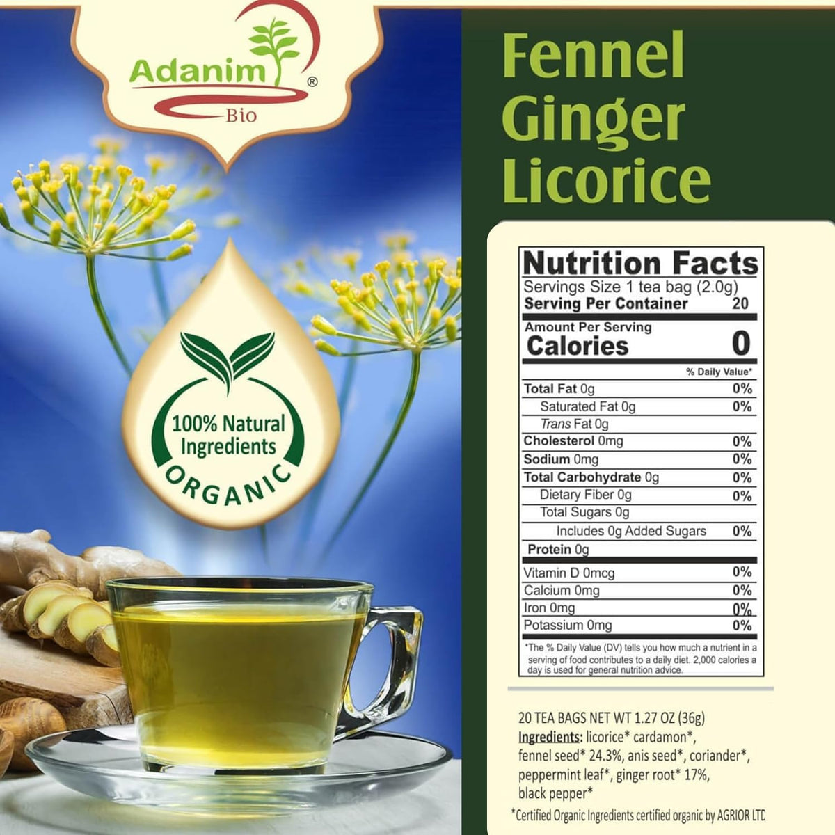Adanim Bio Organic Fennel Ginger Herbal Tea Caffeine Free 40 Individually Wrapped Tea Bags 20 Count (Pack of 2)