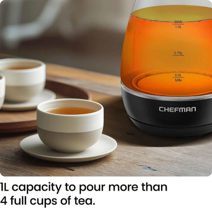 Chefman Electric Kettle with Tea Infuser, Compact 1L (4 Cups), 1500W, Removable Lid for Easy Cleaning, Boil-Dry Protection, Stainless Steel Filter, BPA Free, Auto Shut Off, Small Electric Tea Kettle