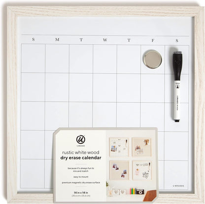 U Brands Rustic Weekly Dry Erase Board with White Wooden Frame, Office Supplies, 14” x 14”