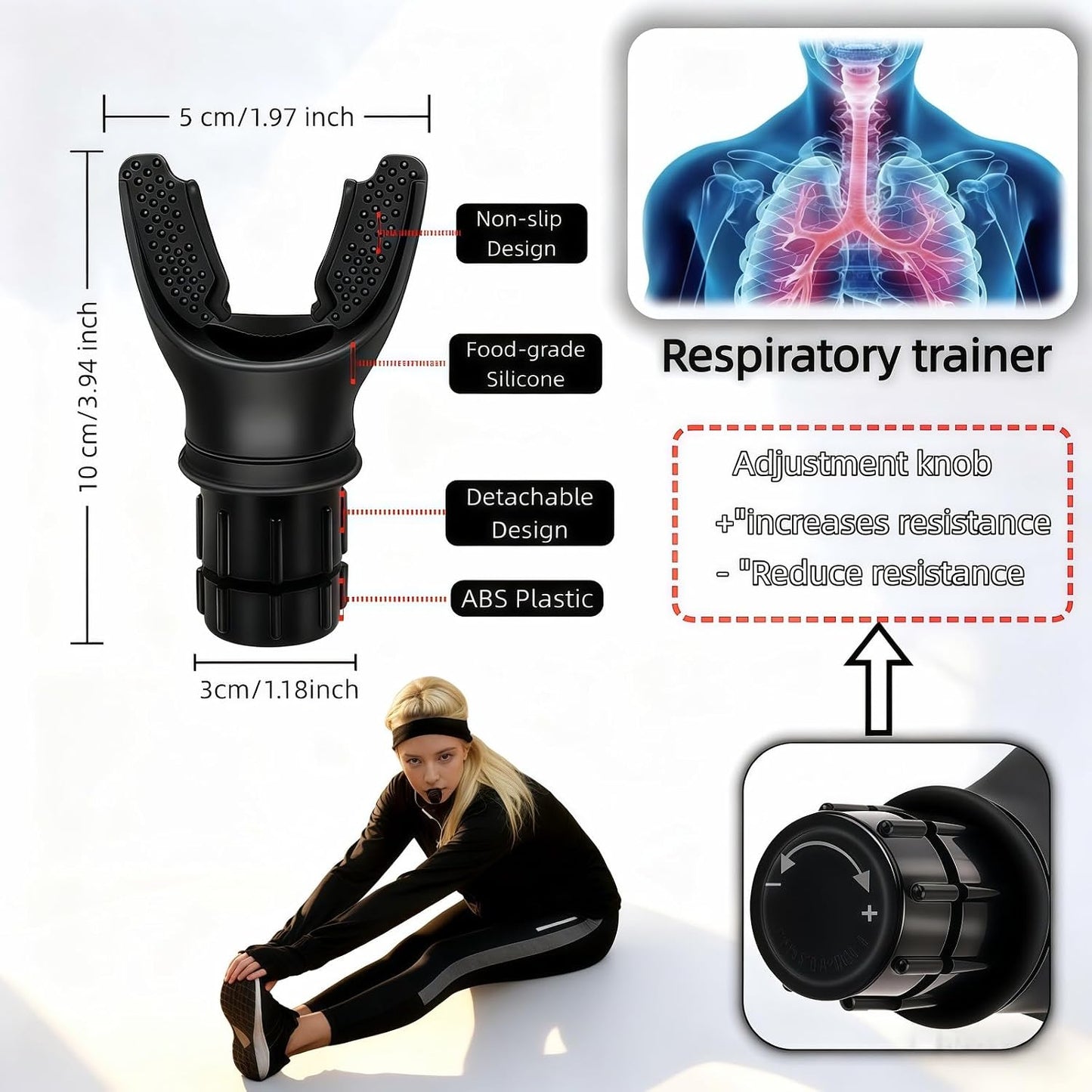 Adjustable Resistance Portable Lung Breathing Trainer | Premium Food-Grade Silicone Breath Exercise Device for Athletes, Runners & Home Fitness | Improve Respiratory Endurance & Core Strength