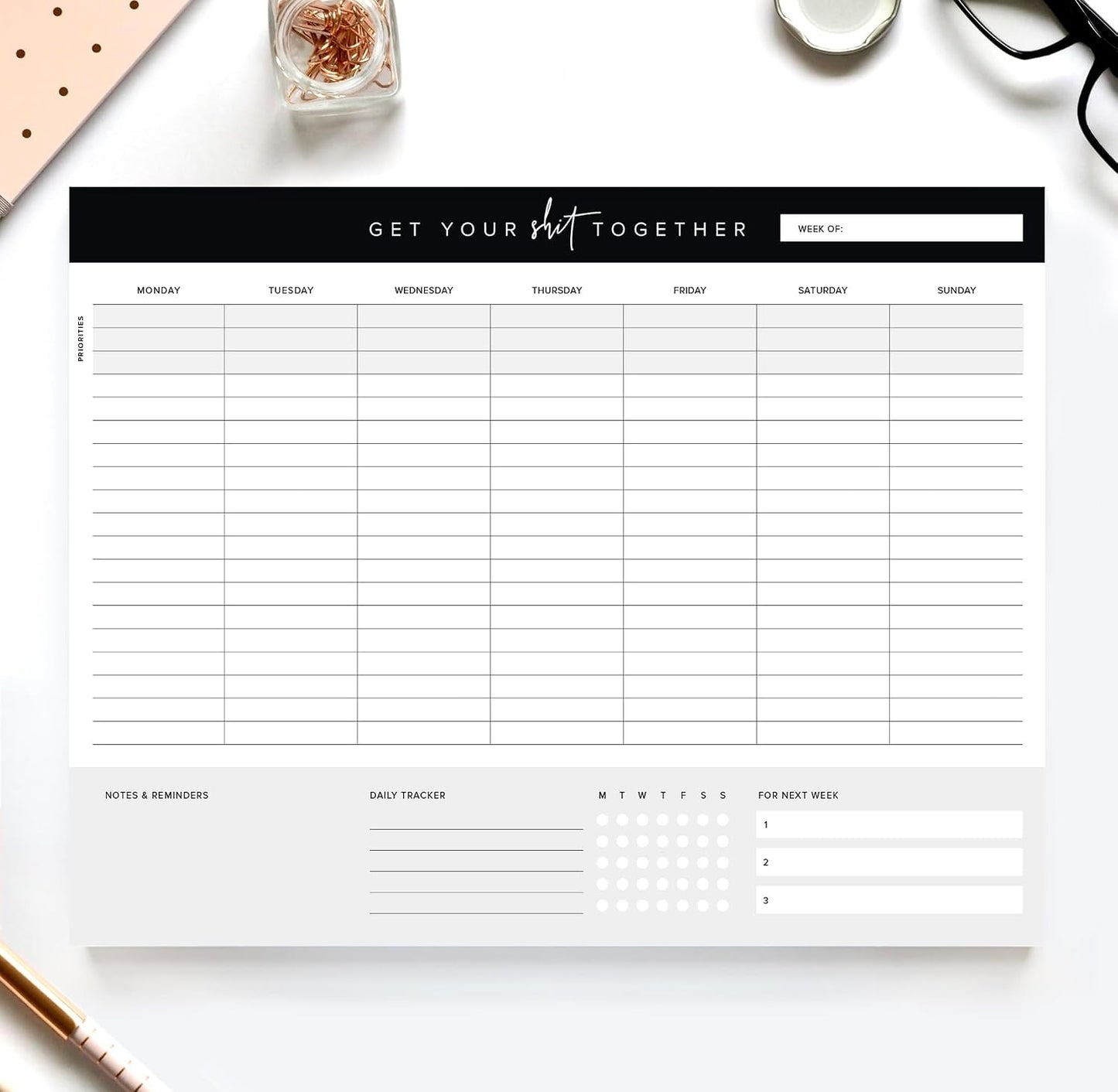 ThreeKin Weekly Planner - Premium 52-Sheet Tear-Off Notepad, 8.5 x 11 inches, Clean Colorful Design, Perfect for Work, School, Projects, and Entrepreneurs, Female & USA Owned Business