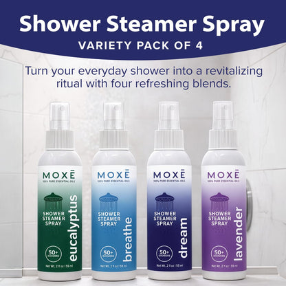 MOXĒ Eucalyptus Oil Shower Mist, Spa Steam Spray, Certified Natural 100% Essential Oils, Made in USA, Aromatherapy, Sinus Congestion Relief, Tension Relief, 4 Ounces