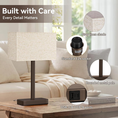 Hong-in Touch Lamps for Bedroom - 3-Way Dimmable Bedside Lamps Set of 2 with USB C+A, Grey Modern Table Lamp for Night Stands, Desk Lamp for Living Room Nightstand End Tables Bed Side