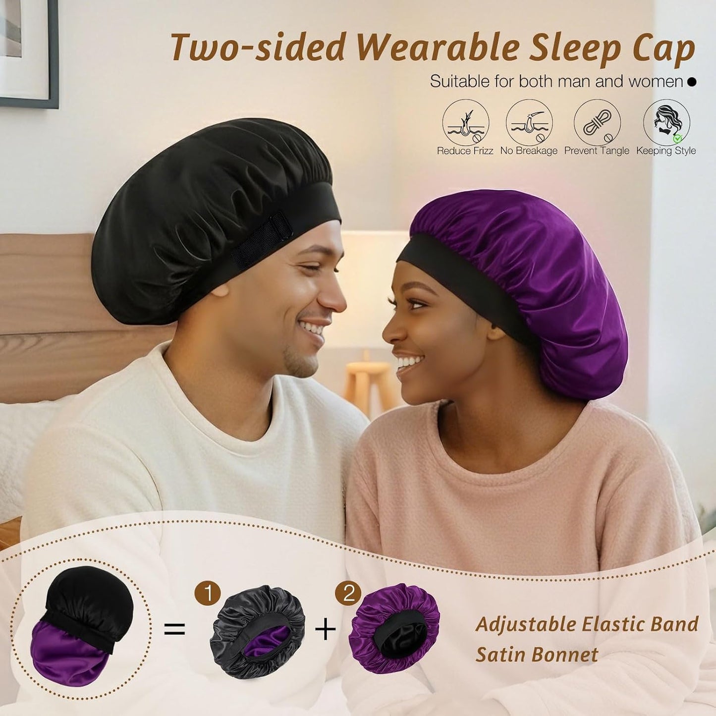 Silk Bonnet for Sleeping Double Layer Satin Bonnet Adjustable Bonnets for Black Women Sleep Cap Reversible Hair Bonnet for Curly Hair (Black and Purple)
