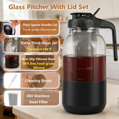 Cold Brew Coffee Maker,64 oz Mason Jar Pitcher with Stainless Steel Filter, Pour Spout Handle Lid, Heavy Duty Glass Airtight & Leak-Proof for Iced Coffee,Tea & Lemonade