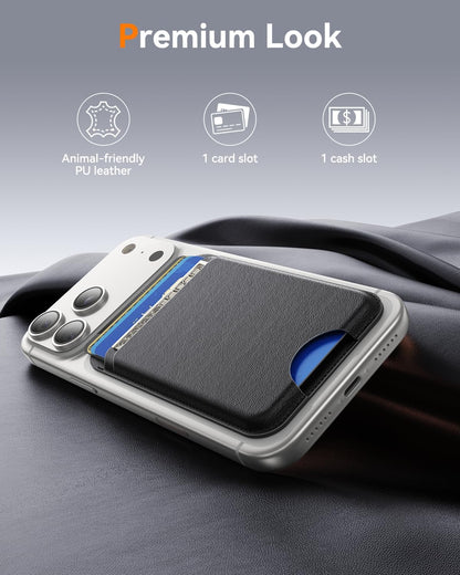 for MagSafe Wallet, Works with Apple Find My,4 Card Holder, Magnetic Phone Wallet for iPhone 18/17/16/15/14/13/12 Pro Max Air Plus Series, RFID Blocking Vegan Leather,Black