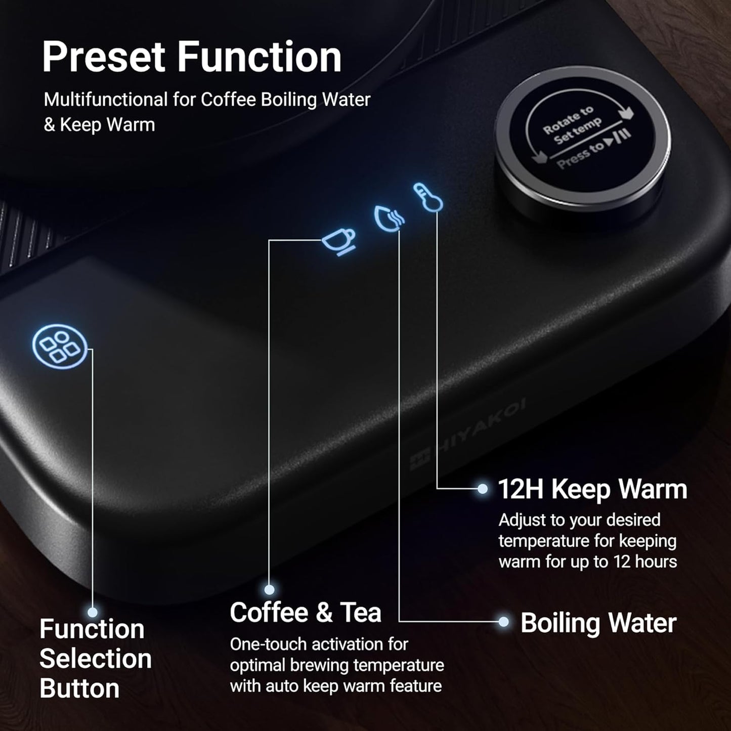 Gooseneck Electric Kettle HIYAKOI with ±1℉ Temperature Control, Pour Over Kettle for Coffee & Tea, 1200W Rapid Heating, Stainless Steel Water Boiler with 12H Keep Warm & Built-in Timer, 0.8L/27oz