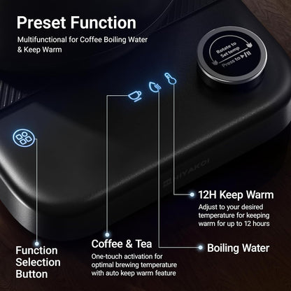 Gooseneck Electric Kettle HIYAKOI with ±1℉ Temperature Control, Pour Over Kettle for Coffee & Tea, 1200W Rapid Heating, Stainless Steel Water Boiler with 12H Keep Warm & Built-in Timer, 0.8L/27oz