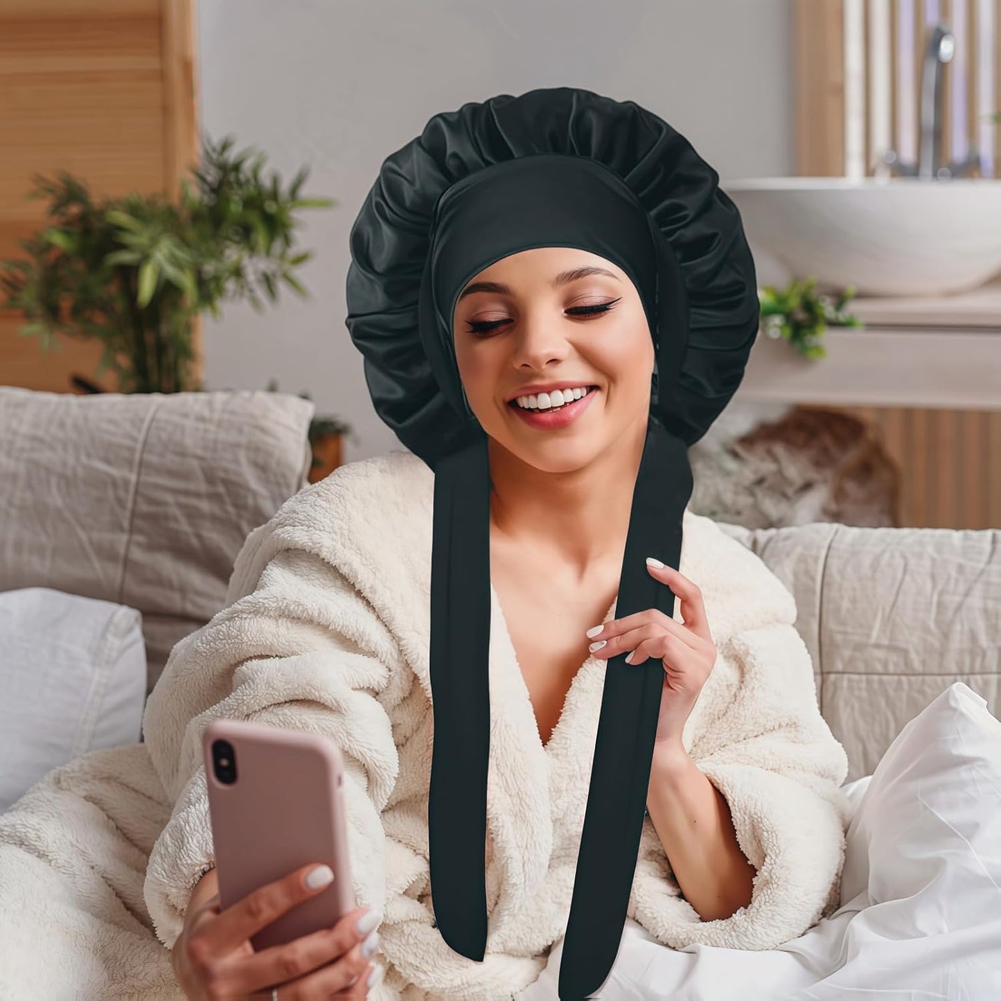 VECIIR Silk Bonnet for Sleeping Women, Ajustable Hair Bonnet for Curly Hairs Satin Bonnet Reduce Friction Prevent Frizz Black，Large