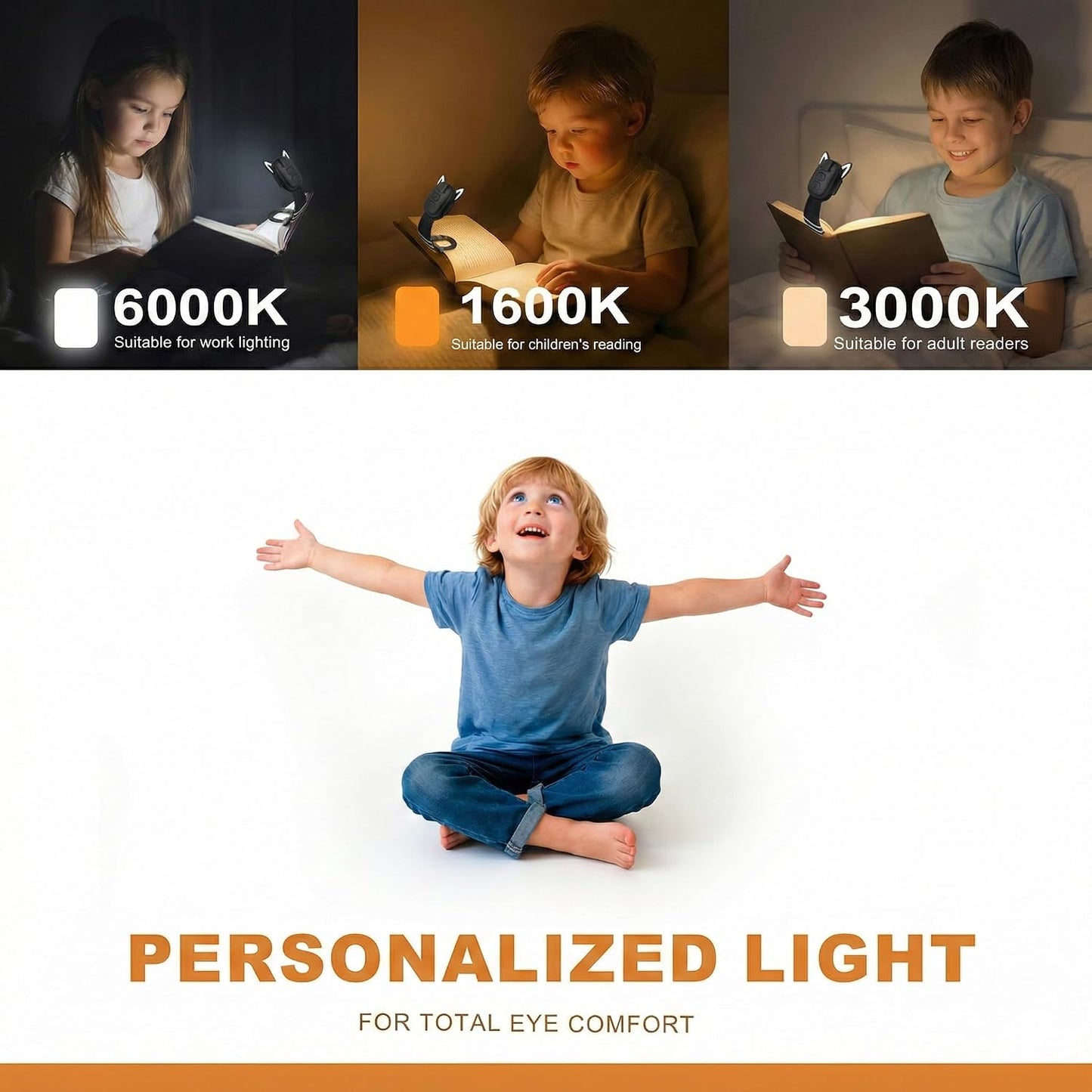 Rechargeable Kids Book Light, Cute Bookmark Reading Light for Kids, Dimmable Portable LED Book Light for Reading in Bed, Eye-Caring Bedtime Reading Lamp for Children & Travel, Black