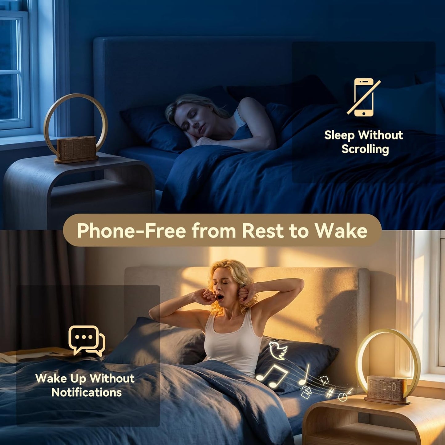 Alarm Clock with Sunrise & Sleep Sound Machine – Natural Wake-Up Light, Dual Alarms & Snooze, 20 Soothing Sounds, Dimmable Clock & Night Light, for Heavy Sleepers & Adults, Deep Wood Grain