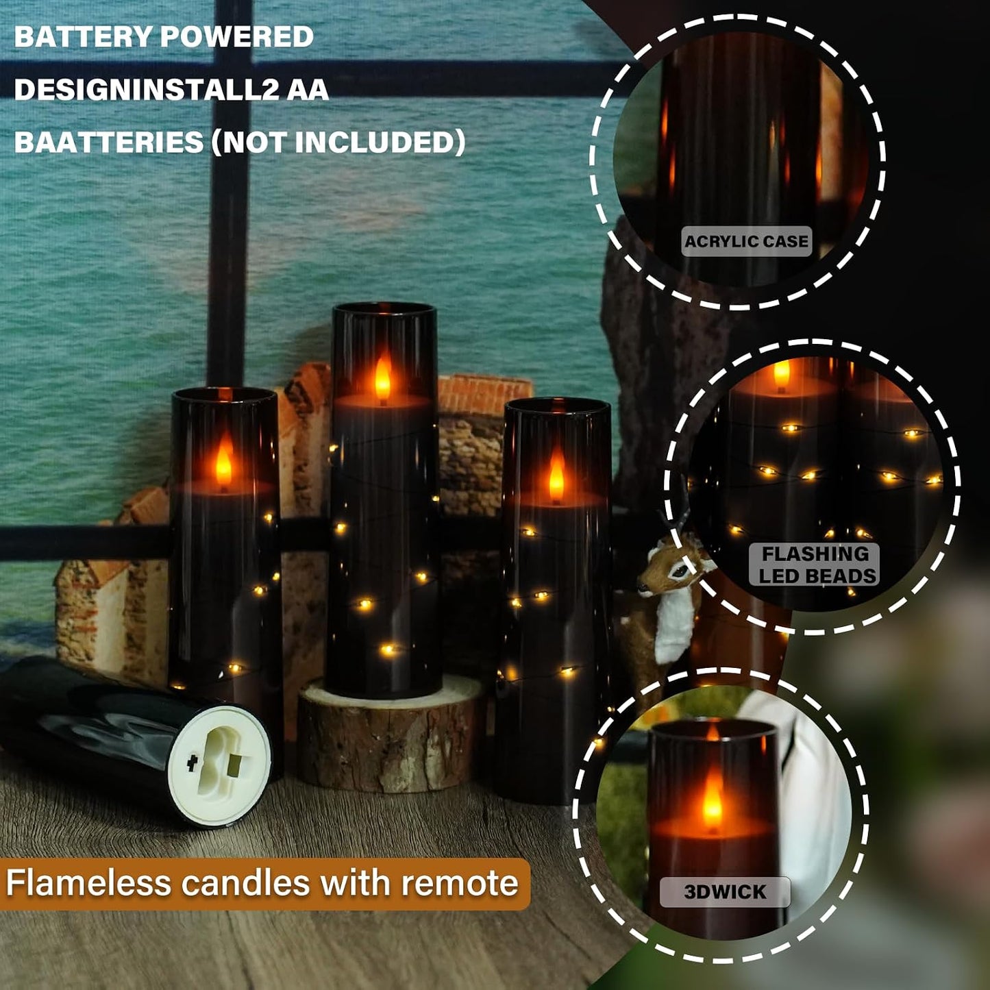 Nimiko Flickering Flameless LED Candles,Battery Operated Candles 24 Pcs with Embedded Star String,Acrylic LED Pillar Candles with Remote,Suitable for Home Decoration to Create an Atmosphere (White)