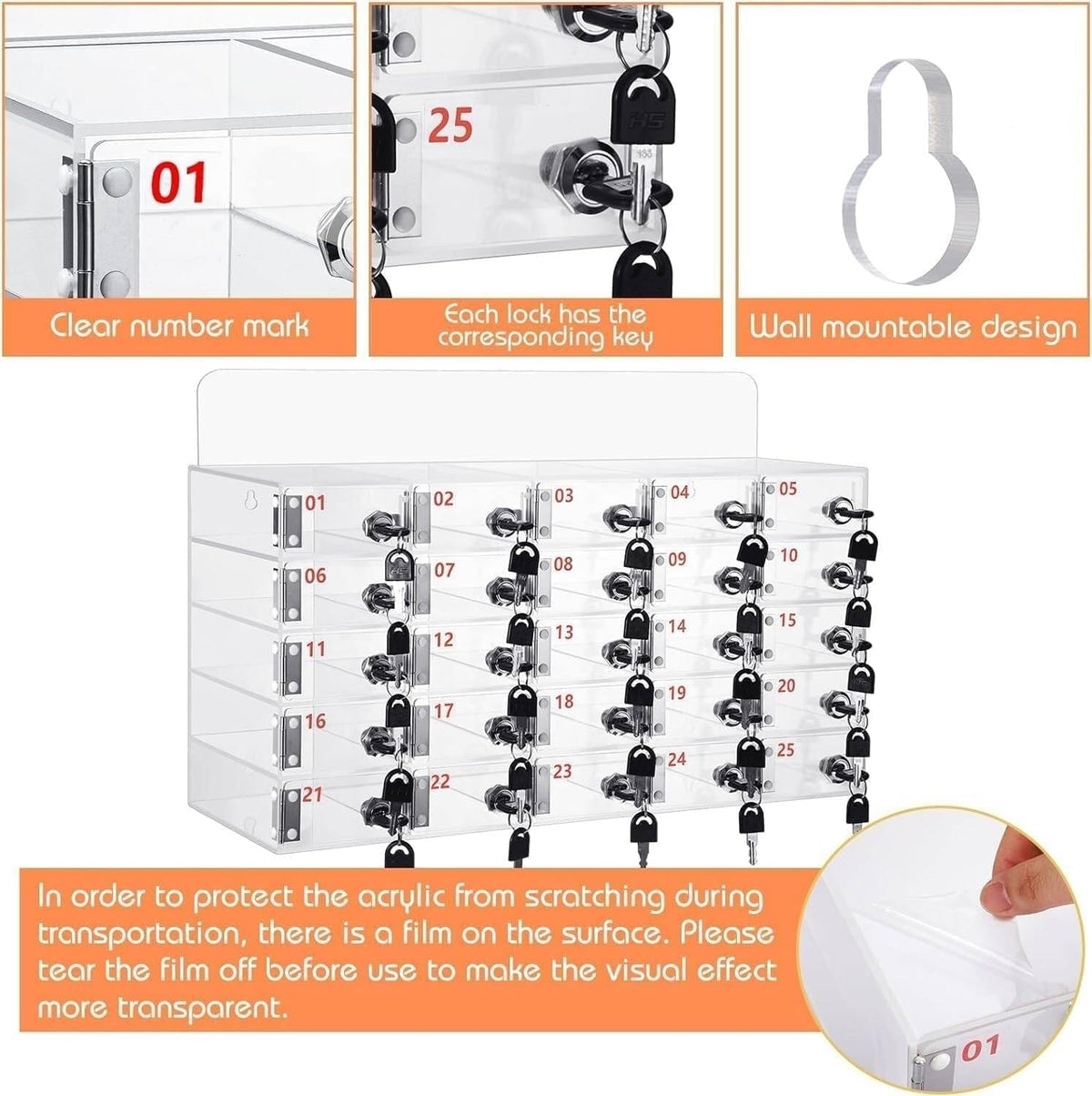 Transparent Acrylic Wallmounted Phone Charging Station 30 Slots Lockable with Keys Nized Storage for Mobile Devicesideal for OfficesHomes,One Color-25Slots
