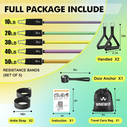 WHATAFIT Resistance Bands, Exercise Bands, Workout Bands with Handles, Door Anchor and Ankle Straps, 5 Resistance Levels Fitness Bands for Strength Training, Physical Therapy, and Home Gym Equipment