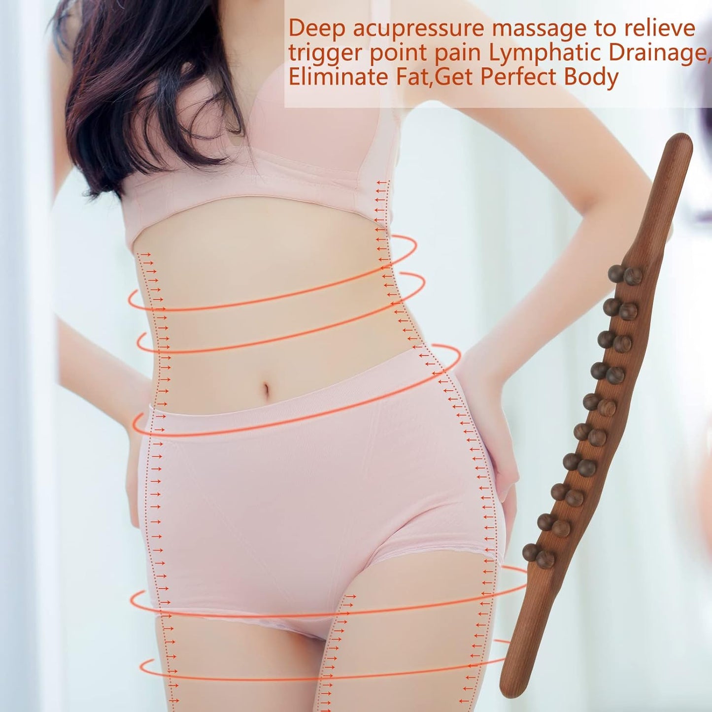 Wood Therapy Guasha Wood Stick Massage Tools, Lymphatic Drainage Massage Stick, Stomach Cellulite Massager, Myofascial Release Tool, Ease Pain Self Body Sculpting, Mountable Handle Double Row 20 Beads