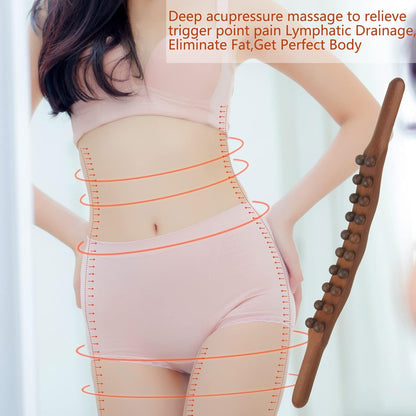 Wood Therapy Guasha Wood Stick Massage Tools, Lymphatic Drainage Massage Stick, Stomach Cellulite Massager, Myofascial Release Tool, Ease Pain Self Body Sculpting, Mountable Handle Double Row 20 Beads