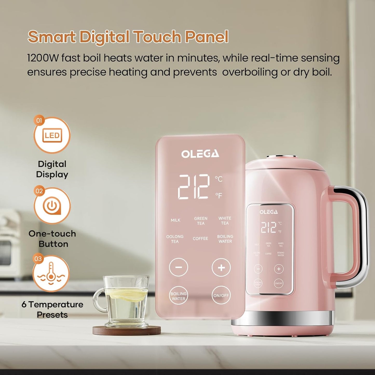 Electric Kettle Temperature Control: OLEGA 1.5L Stainless Steel Smart Kettle Hot Water Boiler, 6 Temp Presets, 1200W Fast Boiling Electric Tea & Coffee Kettle, Electric Kettles Teapot for Home -Green