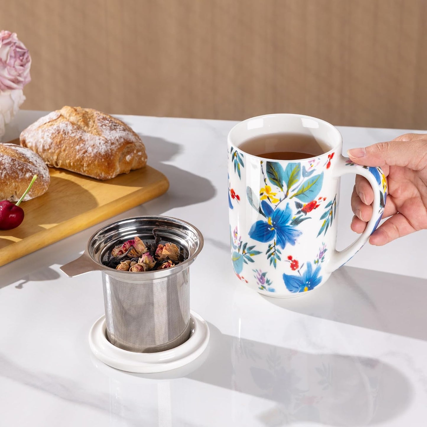 AmorArc Porcelain Tea Mug with Infuser and Lids, 18 Oz Large Cup Strainer with Bag Holder for Loose Leaf Tea, Steeping Coffee Mug for House-warming Wedding Birthday Gift
