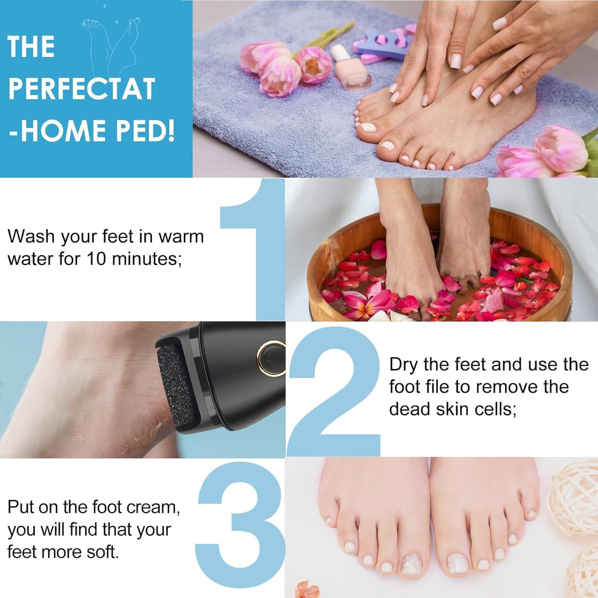 Electric Foot File Callus Remover for Feet - 6pcs Larger Grinding Head&3Speed, Pedicure Kit Foot Scrubber Deadskin Callus Remover, Foot Care Kit Pedicure Tools for Dead Skin Callus Hardskin Dry Cracks