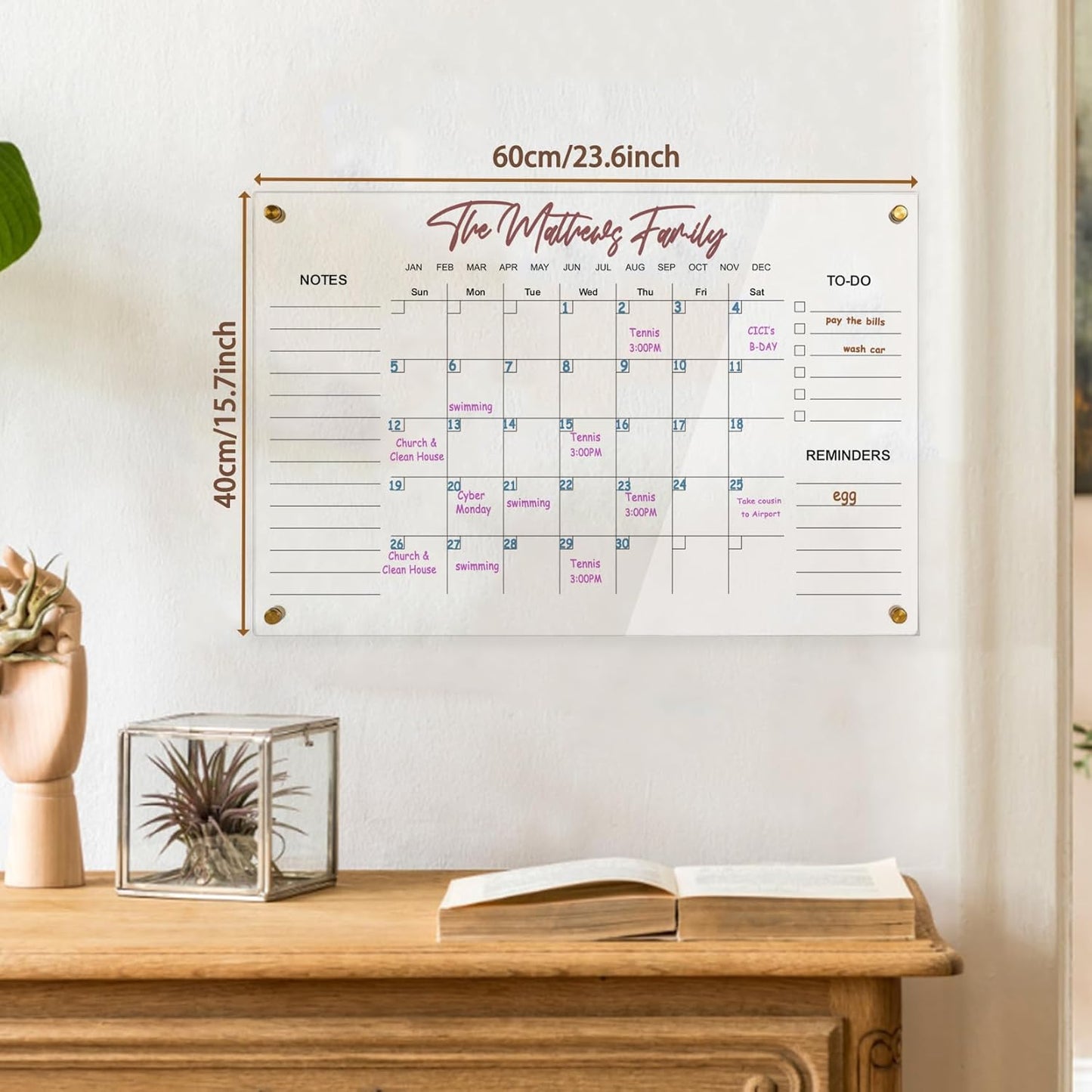 Black Acrylic Calendar Dry Erase for Wall, Family Planner, Monthly Calendar Dry Erase Whiteboard for Home, Office, 17" x 13"Reusable White Board(Acrylic-BK-3343)