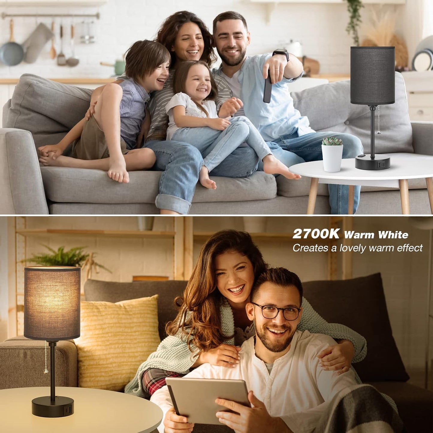 Small Bedside Table lamp for Bedroom - 3 Color Temperatures Bedside Lamps with USB C and A Ports, Pull Chain Table Lamps with AC Outlet, White Nightstand Lamps with Black Metal Base for Kids Reading