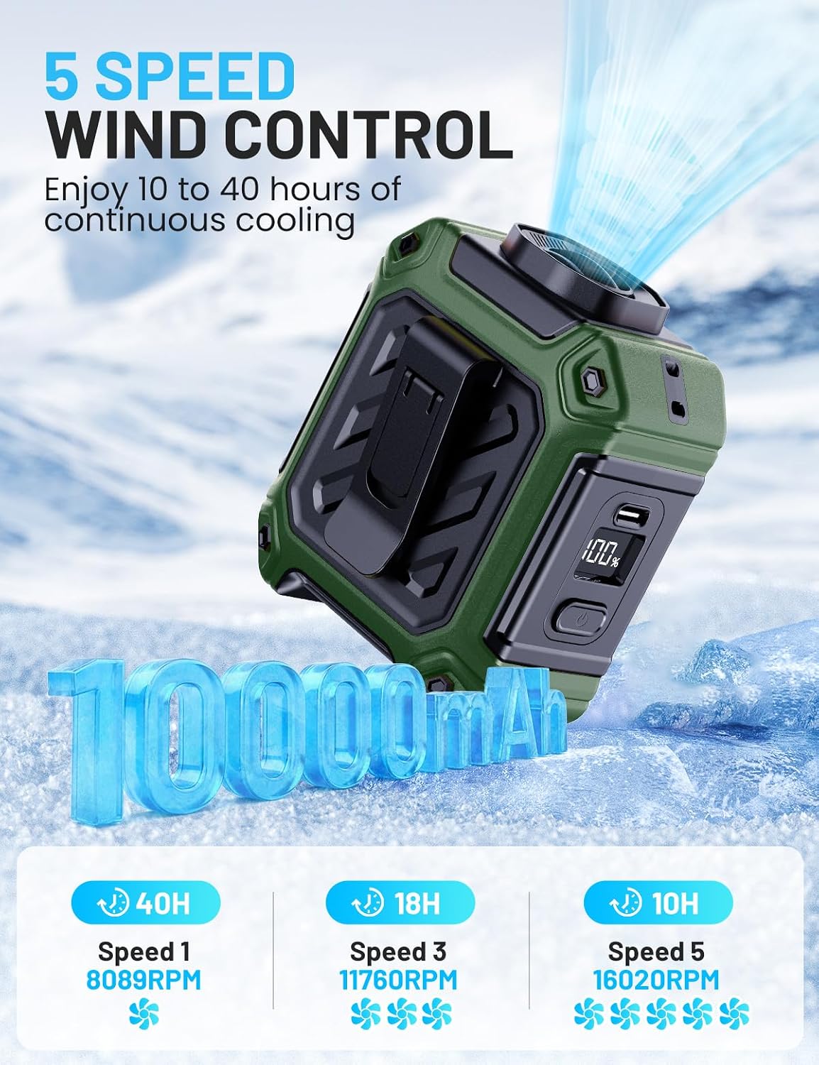 Portable Waist Fan with 10000mAh Battery, 5 Speeds, 130° Wide Angle Airflow, Hands-Free Clip-on for Outdoor Work, Hiking, Camping (orange)