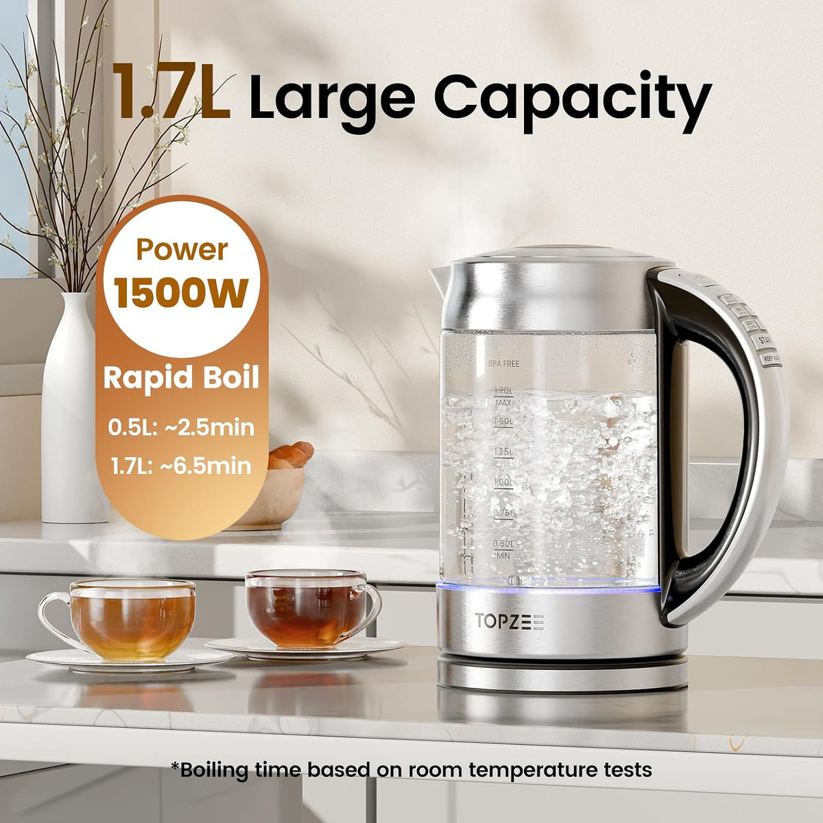 TOPZEE 1.7L Glass Electric Kettle for Coffee & Tea, Hot Water Boiler with 6 Preset Temperatures, Keep Warm and Memory Function, Auto Shut-off & Dry Boil Protection, BPA Free, Rapid Boil, 1500W, Silver