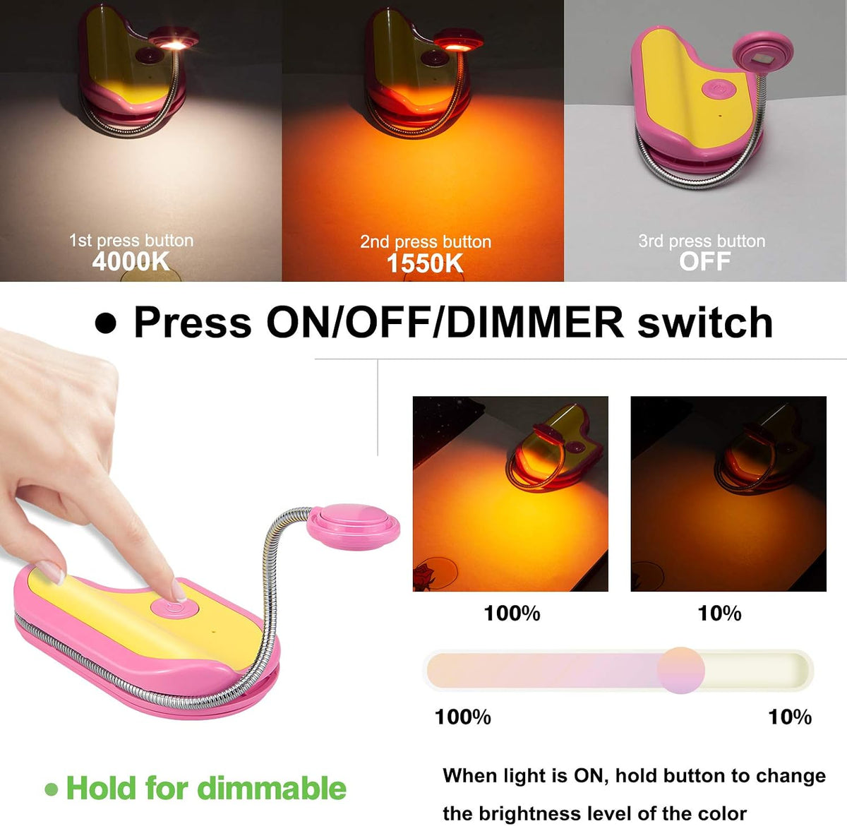 BIGMONAT Rechargeable Reading Light for Kids,Small Amber Book Light,Multi Colors Portable LED Reading Lamp with 361° Rotary Light Neck,Wireless Clip Reading Light for Books (White)