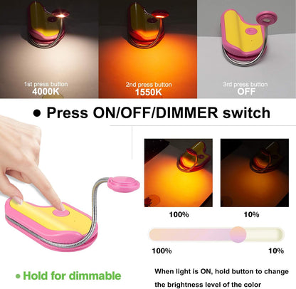 BIGMONAT Rechargeable Reading Light for Kids,Small Amber Book Light,Multi Colors Portable LED Reading Lamp with 361° Rotary Light Neck,Wireless Clip Reading Light for Books (White)