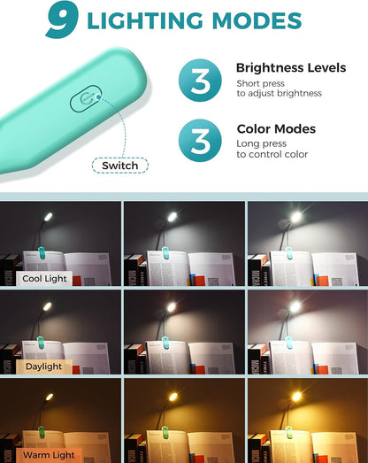 Monotremp Book Lights for Reading at Night in Bed, 80 Hours Runtime Rechargeable Reading Lights for Books in Bed, 3 Brightness Levels × 3 Color Temperatures, 1.3 oz Lightweight