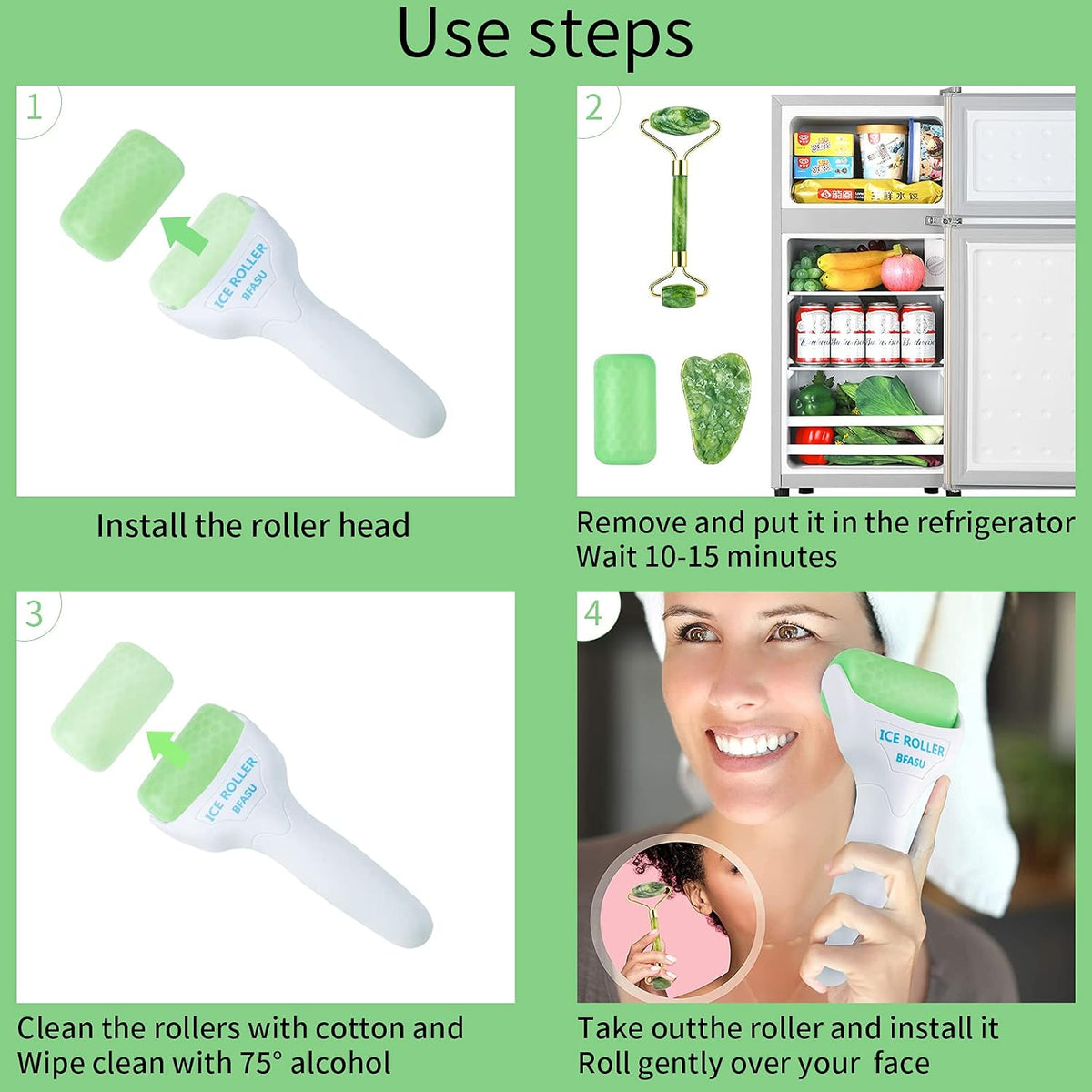 Facial Roller Set of 3, Ice Roller, Two-Sided Jade Roller and Gua Sha Massage Tool, Rolling Tool for Facial Beauty and Body Massage, Helps Reduce Puffy,Skin Care Gifts (Green)