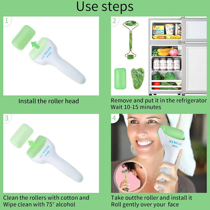 Facial Roller Set of 3, Ice Roller, Two-Sided Jade Roller and Gua Sha Massage Tool, Rolling Tool for Facial Beauty and Body Massage, Helps Reduce Puffy,Skin Care Gifts (Green)