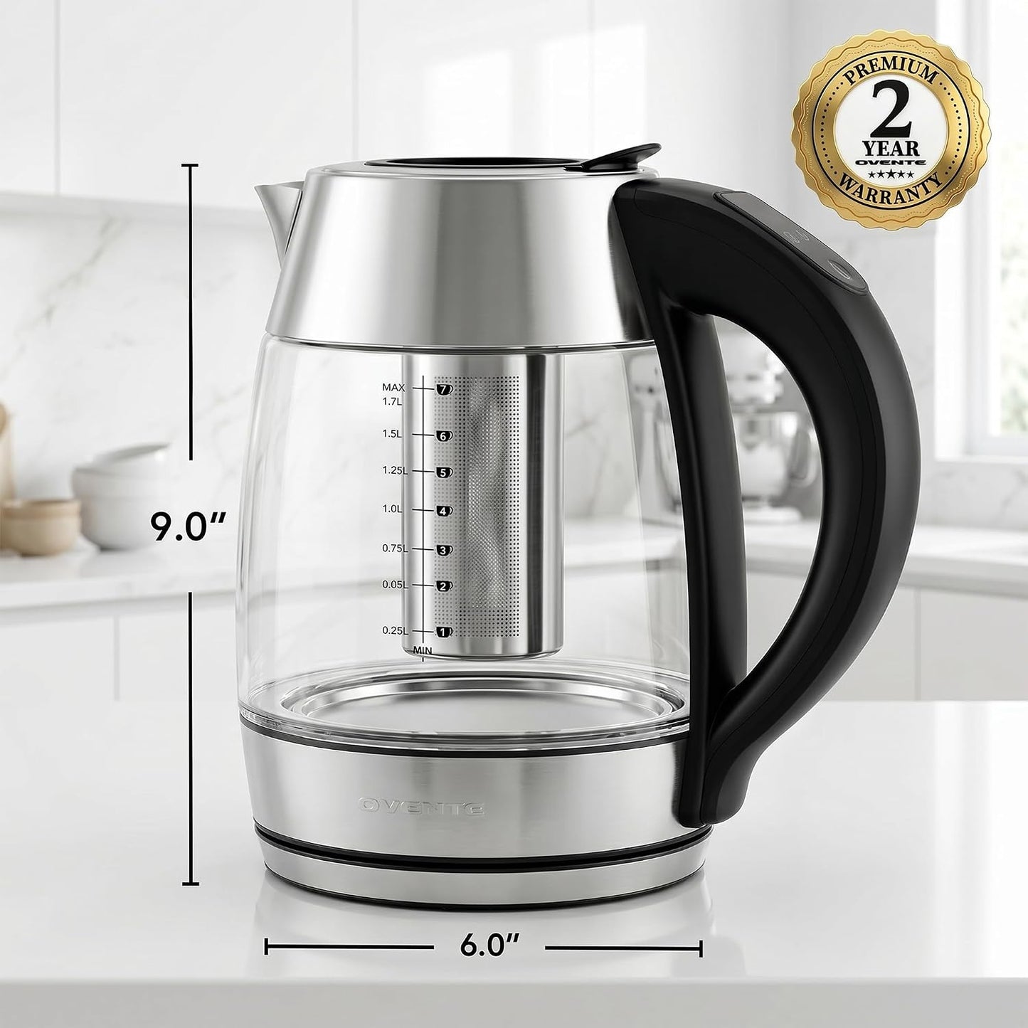 OVENTE 1.8L Glass Electric Kettle with Tea Infuser, Silver KGD752S