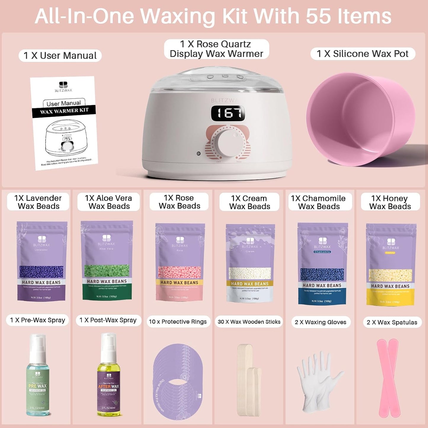 BLITZWAX Brazilian and Bikini Waxing Kit for Women, Hard Wax Warmer for Face, Legs and Body, At Home Hair Removal Kit, Beginner Friendly, Digital Fast Heating, 51 Wax Items