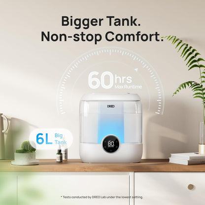 DREO 6L Humidifiers for Bedroom, 60H Runtime, 28 dB Quiet, HM524 | Precise Humidity Control, Easy to Refill & Clean, Nightlight, Cool Mist Humidifiers for Large Rooms, Baby Nurseries & Plants