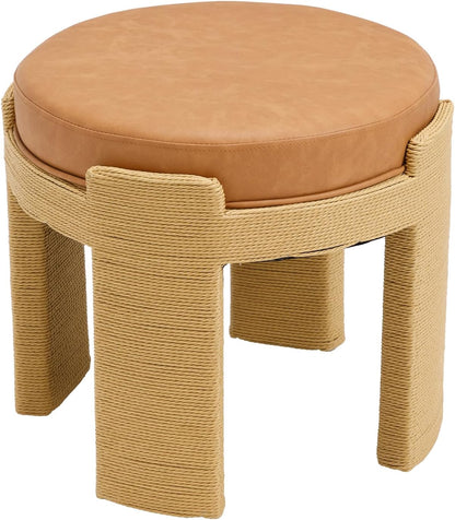 Round Foot Stool Ottoman Set of 2, Boho Hand-Woven Rope Upholstered Accent Footrest Vanity Stool Fully Assembled for Bedroom Living Room, Beige Linen