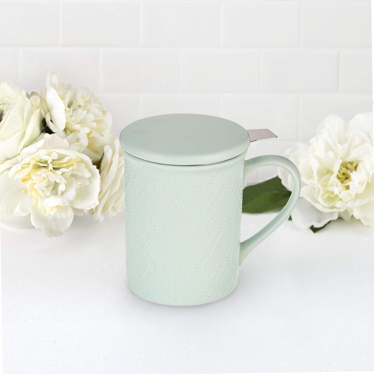 Pinky Up Annette Ceramic Tea Cup with Infuser and Lid, Travel Mug for Loose Leaf Teas, Home Office, Camping, Picnic Party, 12 oz, Set of 1, Honeycomb