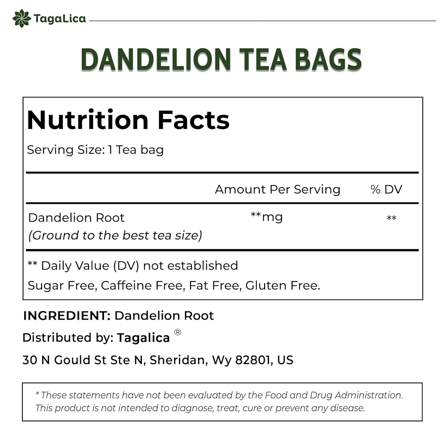 Tagalica, Premium 135 Dandelion Root Tea Bags, 100% Natural & Pure from Dandelion Root, Eco-Conscious Tea Bags, Herbal Tea. No Sugar, No Caffeine, No Gluten, Vegan