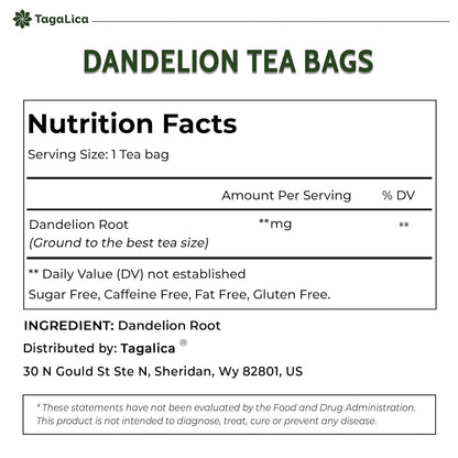 Tagalica, Premium 135 Dandelion Root Tea Bags, 100% Natural & Pure from Dandelion Root, Eco-Conscious Tea Bags, Herbal Tea. No Sugar, No Caffeine, No Gluten, Vegan