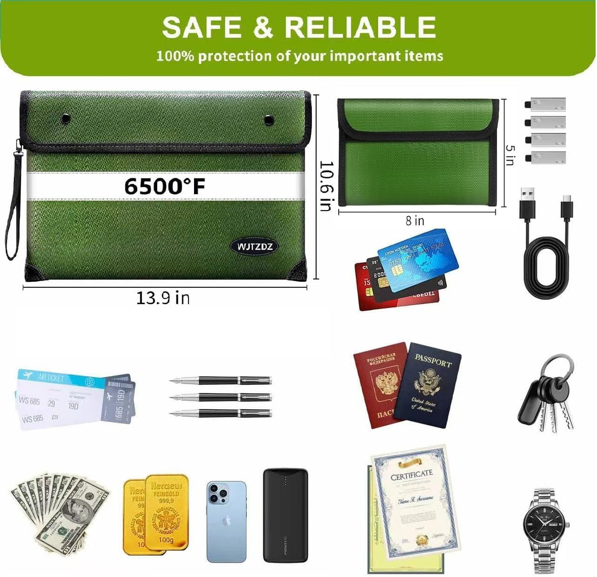 Upgraded 6500° Fireproof Money Bag for Cash,11.2"×7.7"& 8"×5"Small Fire Proof Money Bag for Cash with Reflective Strips,Portable Fire Safe Bag for Passports,Cash,Power Bank,Valuables